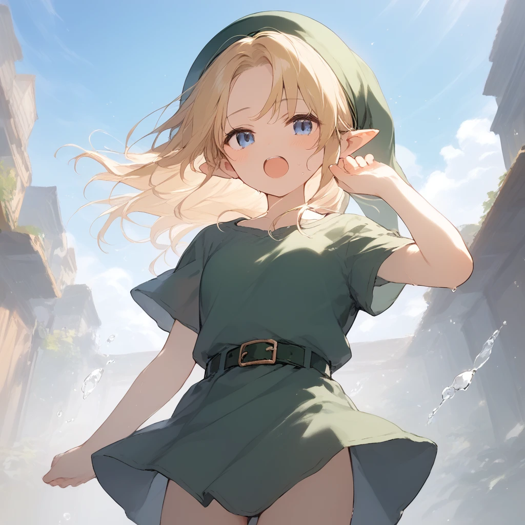 score_9, score_8_up, score_7_up, source_anime, best quality, masterpiece, official art, absurdres, highres, ultra-detailed,waifu2x,Collection: Slice of Life,break,1girl, YoungLink,13-year-old, small breasts, blonde hair, green tunic, pointy ears, hat, solo, blue eyes,green_headwear belt, sword, sweat, open mouth, (yawn:0.3), sleepily, outdoors, wind,break,(clear line illustration:1.2), super detailed skin,very high resolution, very aesthetic, Best sexual lighting powered by famous artist, 8k,cute picture,beauty illustration,photoshop_(medium),,(Detailed Lighting),best anime 8k konachan wallpaper, pixiv contest winner,