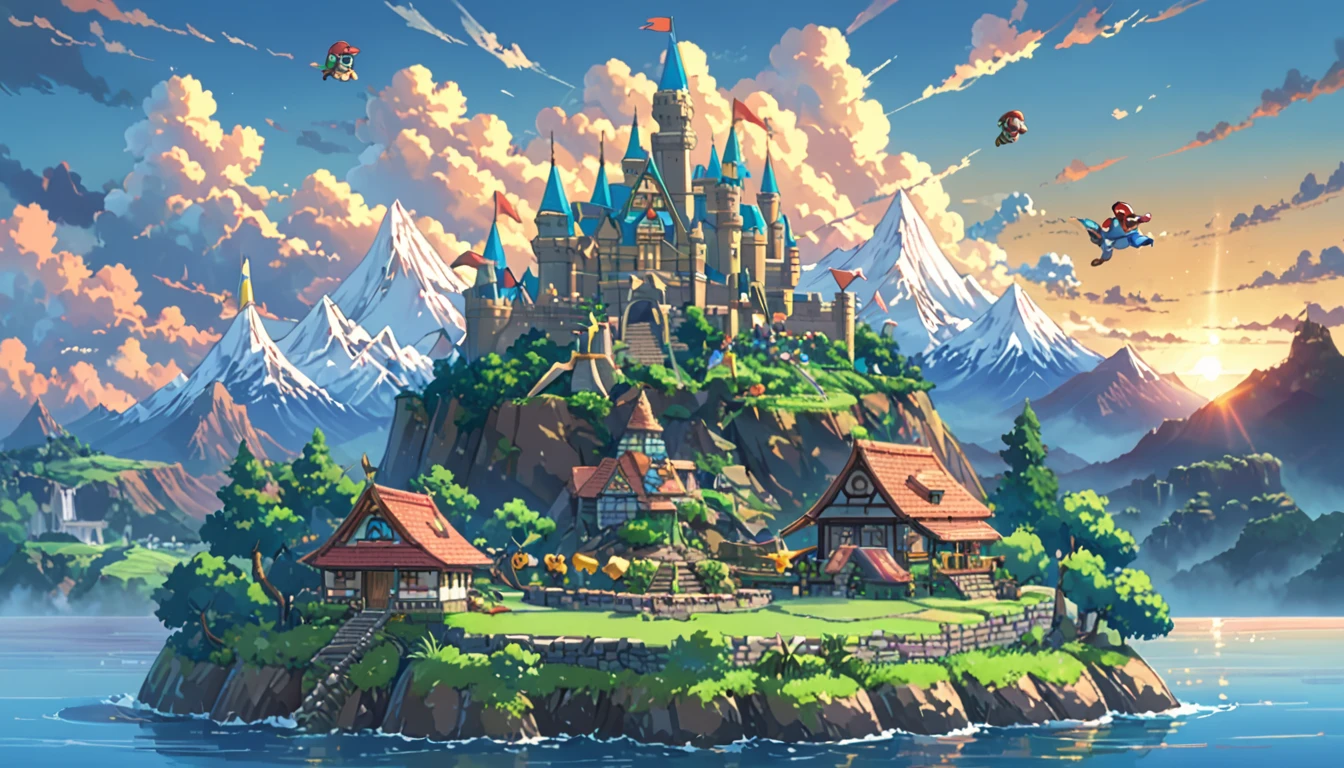 ((Anime: 1.4, Illustration)), (Masterpiece, Top Quality, Best Quality), (Ultra-Detailed, Absolutely Resolution), ((16k, HIGH RES)) (inspired by Nintendo. The scene should feature iconic elements like a vibrant, whimsical landscape with Mario, Link, and Pikachu. Include elements like the Super Mario castle, Hyrule's Triforce, and Poké Balls. The background should be colorful and playful, capturing the essence of classic Nintendo games. Use bright colors and dynamic poses to bring the characters to life in a joyful, adventurous setting.), ( Anime: 1.4, Illustration)), (Masterpiece, Top Quality, Best Quality), (Ultra-Detailed, Absolutely Resolution). Ak {Lofi Art, Style of Laurie Greasley, Style of Makoto Shinkai, Anime Aesthetic}, BREAK {(Produces IMAGES WITH ITH INFORMATION THAN 40 Million Pixels with Cinematic-Like Detailed Textures S Hot on a Sony slur).}