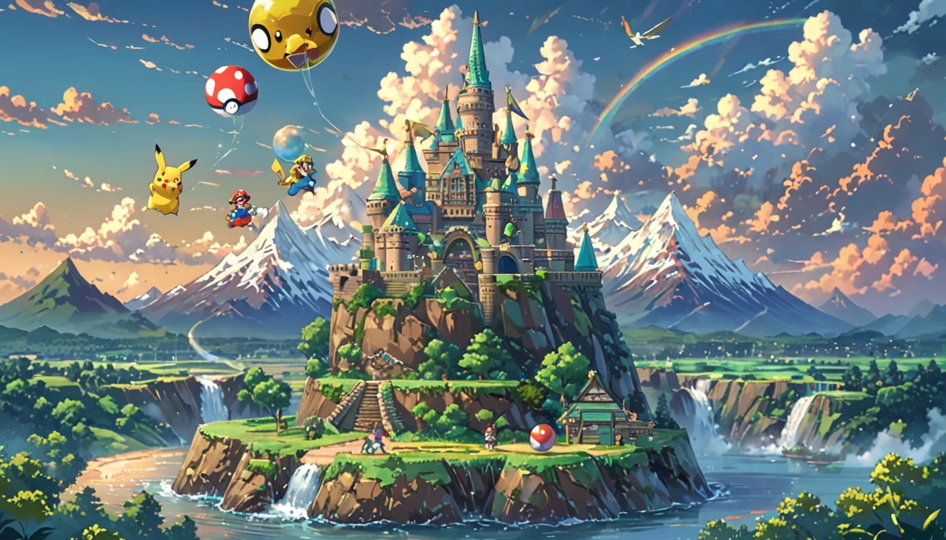 ((Anime: 1.4, Illustration)), (Masterpiece, Top Quality, Best Quality), (Ultra-Detailed, Absolutely Resolution), ((16k, HIGH RES)) (inspired by Nintendo. The scene should feature iconic elements like a vibrant, whimsical landscape with Mario, Link, and Pikachu. Include elements like the Super Mario castle, Hyrule's Triforce, and Poké Balls. The background should be colorful and playful, capturing the essence of classic Nintendo games. Use bright colors and dynamic poses to bring the characters to life in a joyful, adventurous setting.), ( Anime: 1.4, Illustration)), (Masterpiece, Top Quality, Best Quality), (Ultra-Detailed, Absolutely Resolution). Ak {Lofi Art, Style of Laurie Greasley, Style of Makoto Shinkai, Anime Aesthetic}, BREAK {(Produces IMAGES WITH ITH INFORMATION THAN 40 Million Pixels with Cinematic-Like Detailed Textures S Hot on a Sony slur).}
