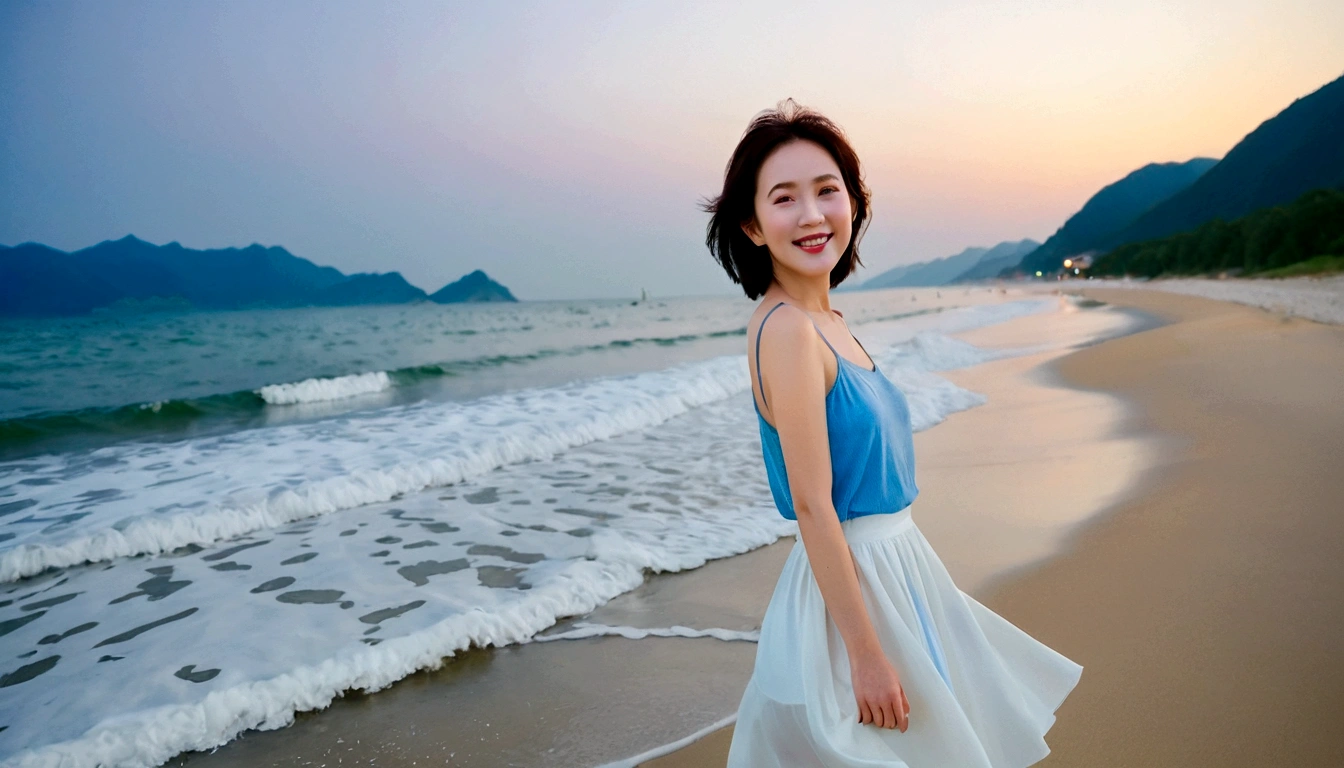 sunset on the beach,바다에 잔광이 비치네sunset on the beach 붉은 태양,A strong lingering scent is reflected in the sea., Beautiful 46-year-old short Korean woman, Chest size 34 inches, Wear sleeveless, light skirt. beautiful pretty woman look , wearing a light skirt , Go far into the sea water and dip your toes., Short medium hair blowing in the wind, 1 short woman, beautiful eyes, a little smile, Full-body photo taken from afar with a wide-angle lens, The background is clean and perfect., waves moved by the wind, best high definition