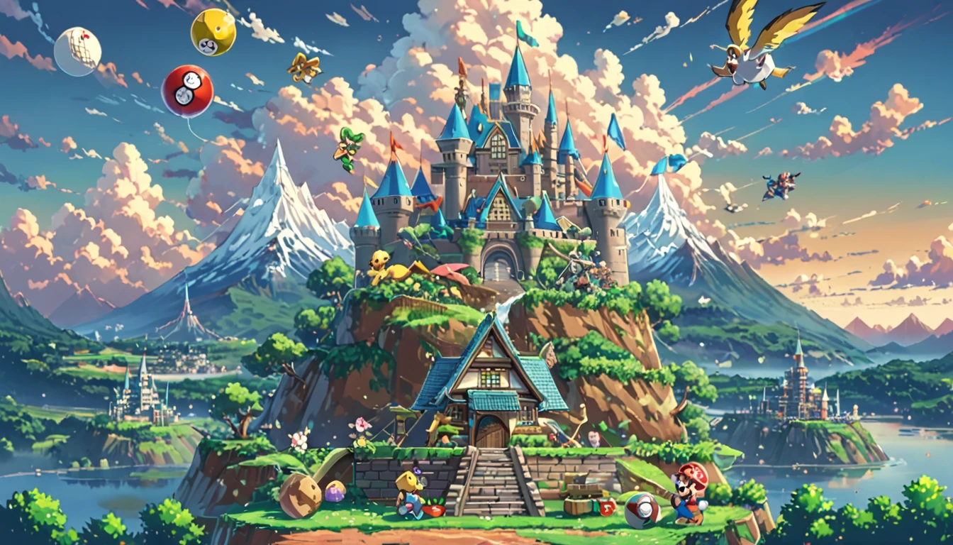 ((Anime: 1.4, Illustration)), (Masterpiece, Top Quality, Best Quality), (Ultra-Detailed, Absolutely Resolution), ((16k, HIGH RES)) (inspired by Nintendo. The scene should feature iconic elements like a vibrant, whimsical landscape with Mario, Link, and Pikachu. Include elements like the Super Mario castle, Hyrule's Triforce, and Poké Balls. The background should be colorful and playful, capturing the essence of classic Nintendo games. Use bright colors and dynamic poses to bring the characters to life in a joyful, adventurous setting.), ( Anime: 1.4, Illustration)), (Masterpiece, Top Quality, Best Quality), (Ultra-Detailed, Absolutely Resolution). Ak {Lofi Art, Style of Laurie Greasley, Style of Makoto Shinkai, Anime Aesthetic}, BREAK {(Produces IMAGES WITH ITH INFORMATION THAN 40 Million Pixels with Cinematic-Like Detailed Textures S Hot on a Sony slur).}