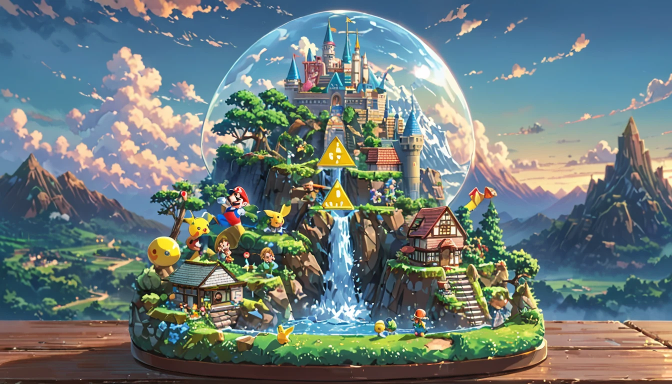 ((Anime: 1.4, Illustration)), (Masterpiece, Top Quality, Best Quality), (Ultra-Detailed, Absolutely Resolution), ((16k, HIGH RES)) (inspired by Nintendo. The scene should feature iconic elements like a vibrant, whimsical landscape with Mario, Link, and Pikachu. Include elements like the Super Mario castle, Hyrule's Triforce, and Poké Balls. The background should be colorful and playful, capturing the essence of classic Nintendo games. Use bright colors and dynamic poses to bring the characters to life in a joyful, adventurous setting.), ( Anime: 1.4, Illustration)), (Masterpiece, Top Quality, Best Quality), (Ultra-Detailed, Absolutely Resolution). Ak {Lofi Art, Style of Laurie Greasley, Style of Makoto Shinkai, Anime Aesthetic}, BREAK {(Produces IMAGES WITH ITH INFORMATION THAN 40 Million Pixels with Cinematic-Like Detailed Textures S Hot on a Sony slur).}