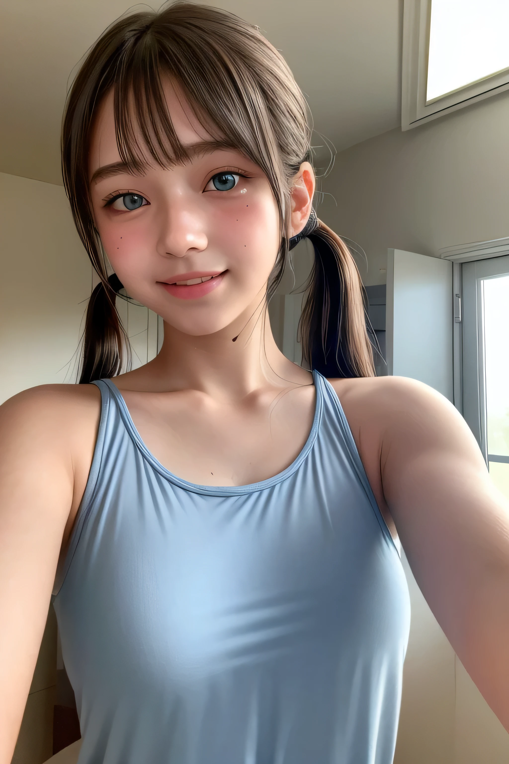 Highest quality, masterpiece, (Realistic:1.2), 1 Girl, 12 years old, smile, Selfie shots, Upper Body, From below, Backlight, Silhouette Lighting, Brown low twintail hair with bangs, blue eyes, front, Detailed face, Beautiful Eyes, Oily skin, She sweats a lot, Fitted, Chrome Bikini, Underbust, Santorini, Greece