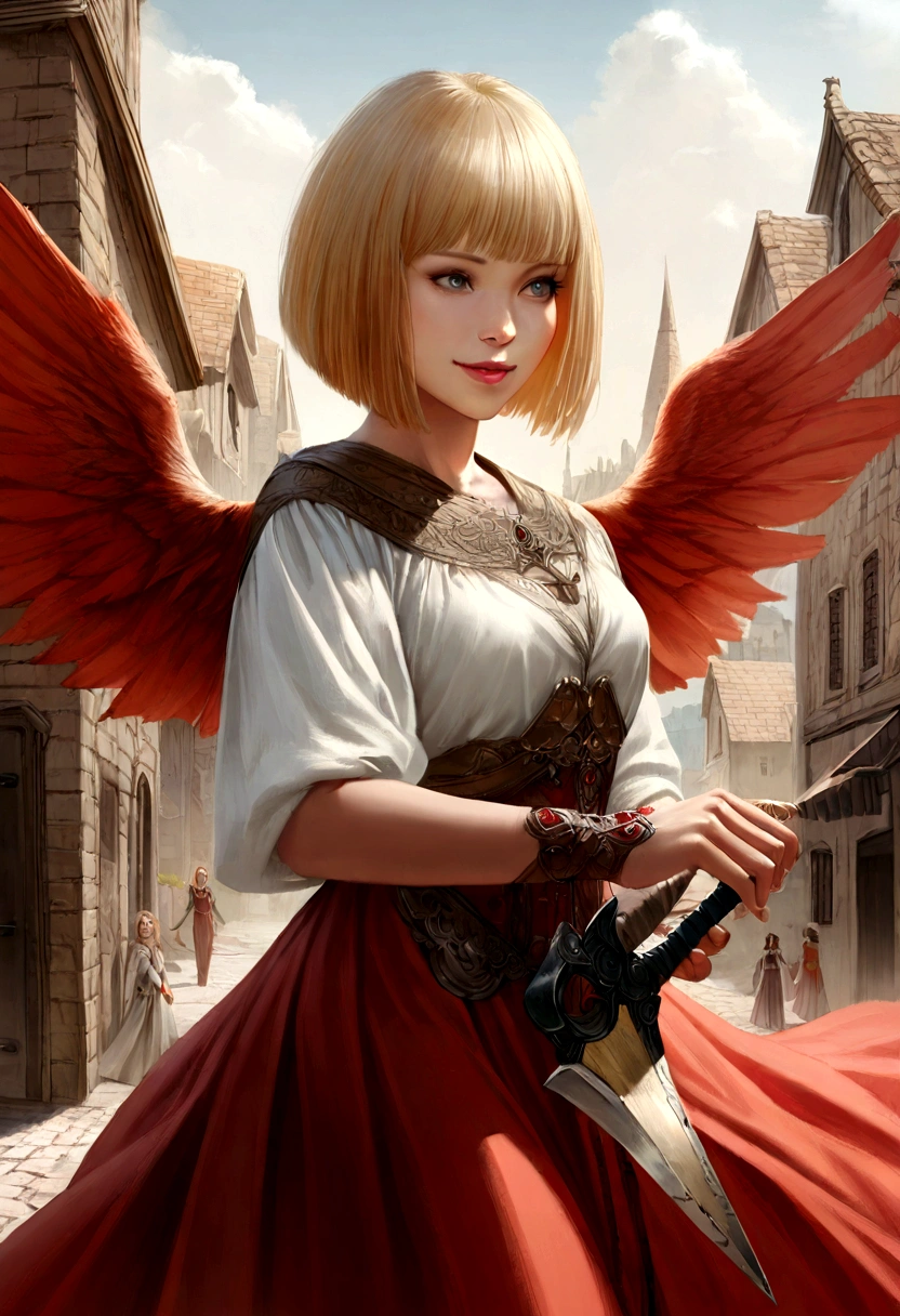1 girl, fantasy, 30 years, she is wearing red long skirt, she has blond bobcut hair, she has grey eyes, she has a damaged sword in her hands, she is smiling, town in the background, fantasy, realistic, detailed face, she has one angelic big wing, looking away