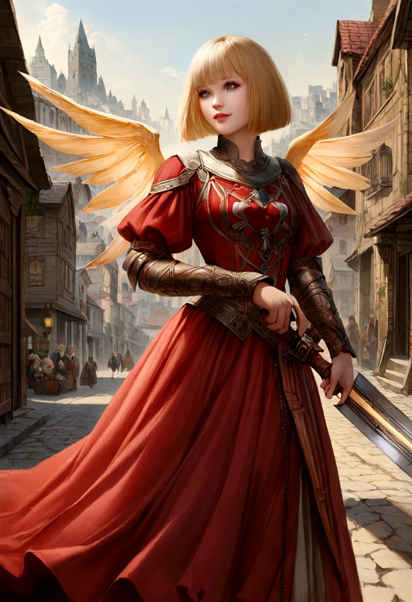 1 girl, fantasy, 30 years, she is wearing red long skirt, she has blond bobcut hair, she has grey eyes, she has a damaged sword in her hands, she is smiling, town in the background, fantasy, realistic, detailed face, she has one angelic big wing, looking away