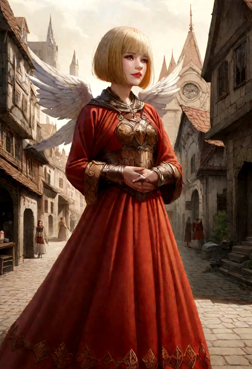 1 girl, fantasy, 30 years, she is wearing red long skirt, she has blond bobcut hair, she has grey eyes, she has a damaged sword in her hands, she is smiling, town in the background, fantasy, realistic, detailed face, she has one angelic big wing, looking away