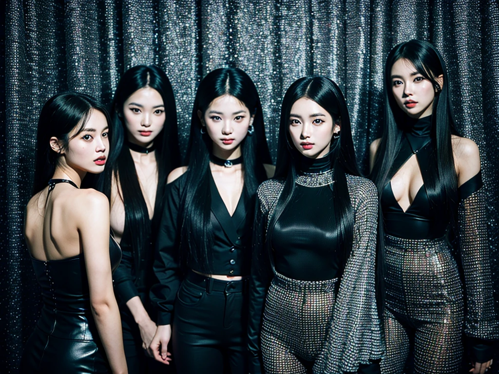 In the black room.Cool Two young Korean women and one Japan woman. They are K-pop singers. All-black costume.they looks like easpa.Fancy makeup.