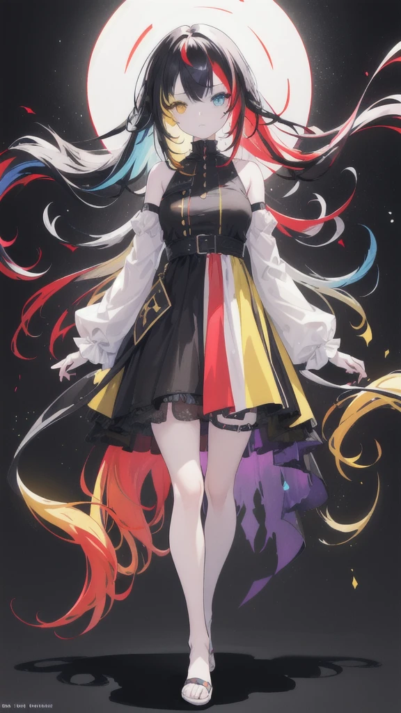 Girl with different color eyes one yellow and one red
{{masterpiece}}, best quality, extremely detailed CG unity 8k wallpaper, cinematic lighting, lens flare, beautiful detail eyes, black,  side glance,  multicolor hair consisting of red and black color, colorful light, particles, heterochromia, (colorful:1.5), (colorful hair:1.5), Full body front view wearing girly dress