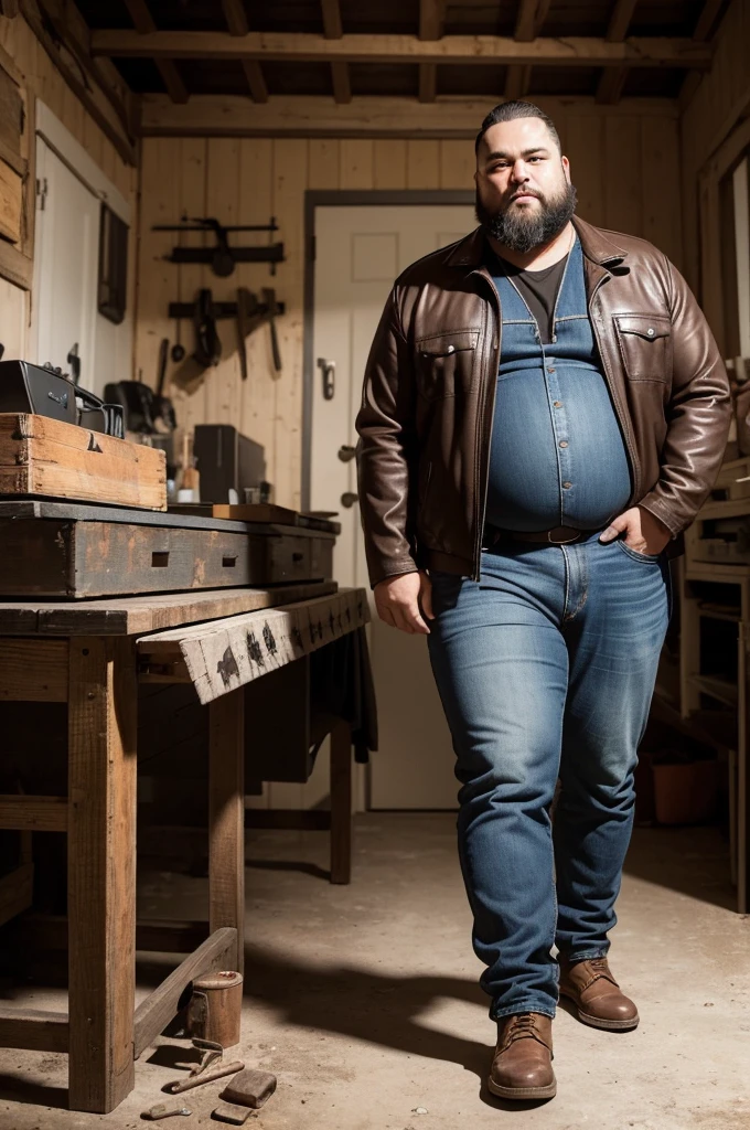 Create an image of a fat man. Emphasize that he is fat. He has straight black hair, brown eyes, a sparse beard, broad shoulders, a large belly, and thinner legs. Dress him in a leather jacket, dark jeans, and Democrat boots. He is holding a Smith & Wesson 1891 gun. The background is a rustic workshop with an open-hood Jeep Willis behind him. The walls have tools hanging on them, and there is a rustic workbench with a turntable on it.