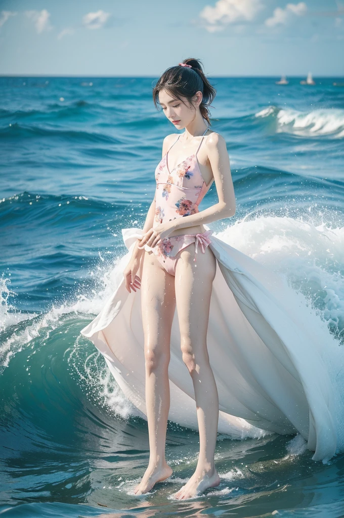 (((best quality))), (((ultra detailed))), (((masterpiece))), illustration,((1 beautiful young girl,solo)),((slim,thin)),(vibrant pink floral swimsuit:1.3),((small breasts,flat chest)),(short ponytail:1.2),((shiny skin,sweat,wet)),(slender legs:1.2),seaside, summer, joyful, playful, physical features, smooth fair skin, gentle sea breeze, endless azure sky, picturesque backdrop, whiteness of sand, deep blues of the sea, waves crashing, internal turmoil, transformation,on the cusp of womanhood, confidence, sexuality, metaphorical plunge, next chapter of life,significance of the moment, beauty of the seaside, celebration of youth, excitement of summer ahead,(standing:1.3),(from front:1.3),(full body:1.2)