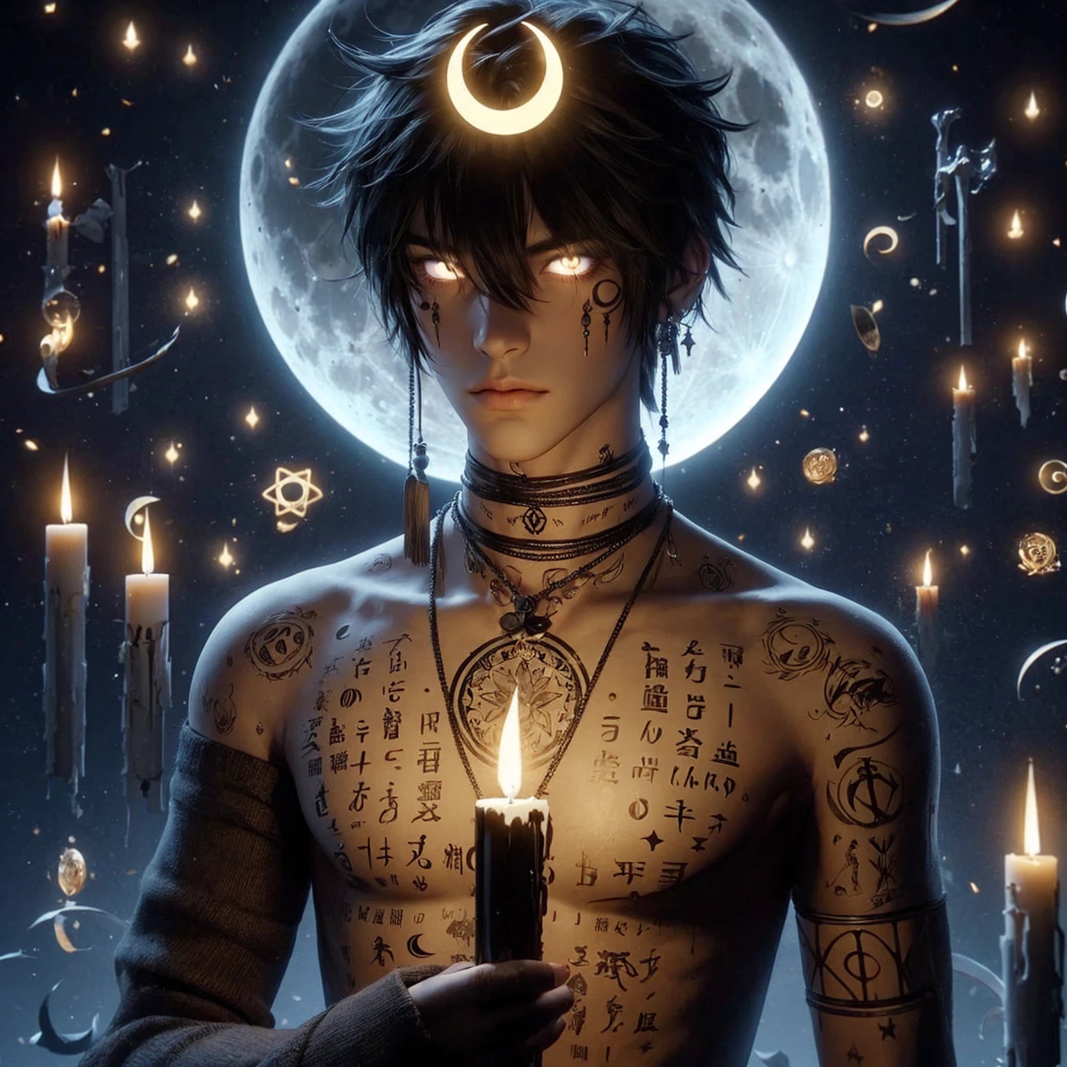 Handsome boy, black hair, bright white eyes, crescent moon on his head, holding black candle, full moon background