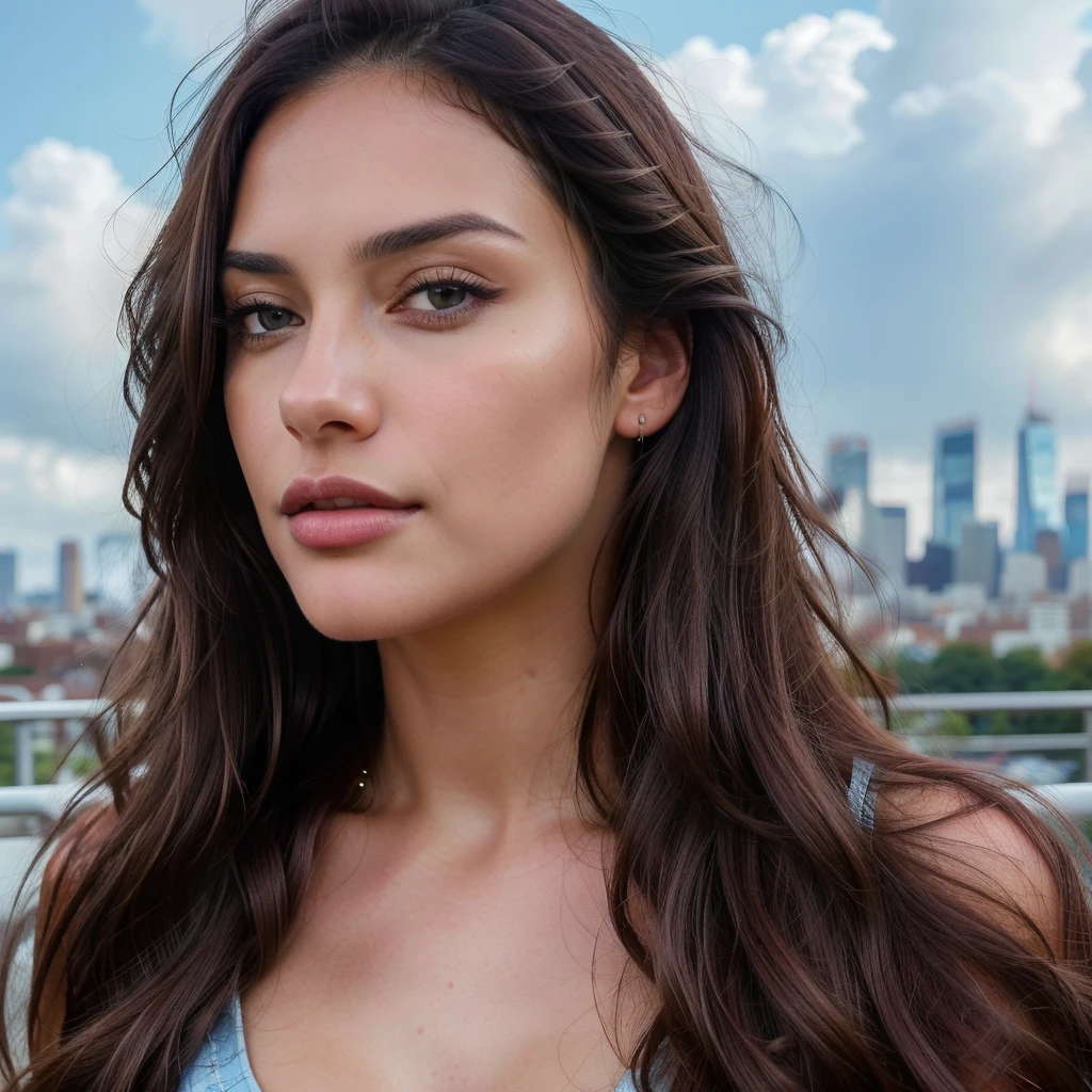 1 woman, long wavy dark brown hair, beautiful detailed dark brown eyes, beautiful detailed lips, extremely detailed face and features, low-cut sky blue blouse, large breasts, cityscape, cloudy blue sky, (best quality,4k,8k,highres,masterpiece:1.2),ultra-detailed,(realistic,photorealistic,photo-realistic:1.37),portrait,cinematic lighting,dramatic colors