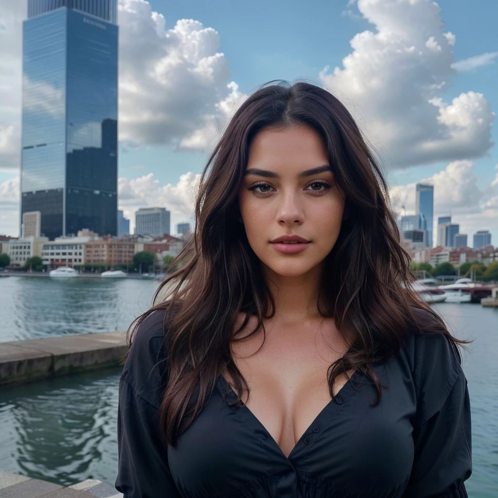 1 woman, long wavy dark brown hair, beautiful detailed dark brown eyes, beautiful detailed lips, extremely detailed face and features, low-cut sky blue blouse, large breasts, cityscape, cloudy blue sky, (best quality,4k,8k,highres,masterpiece:1.2),ultra-detailed,(realistic,photorealistic,photo-realistic:1.37),portrait,cinematic lighting,dramatic colors