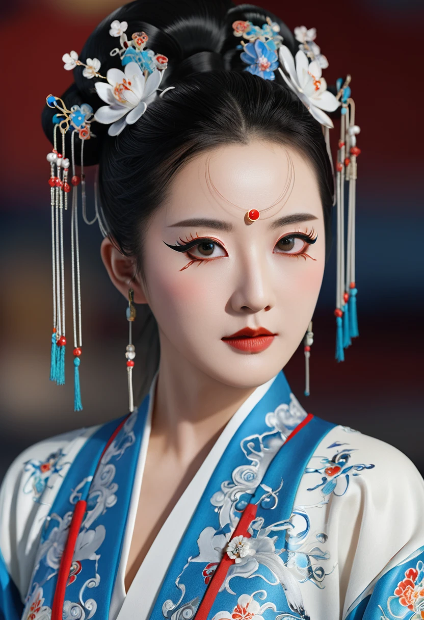Half body portrait shooting,A cyberpunk-style Peking opera porcelain female character, an elegant AI goddess, with the traditional Peking opera facial makeup, looking straight ahead, realistically rendered, centered composition, graceful and charming, using Unreal Engine 5, with high-octane rendering, extremely high contrasts, and razor-sharp lines,Canon EOS 5D Mark IV Eye-level SoftRembrandtClose-up, HyperQuality,8K Resolution, Ultra HD picture