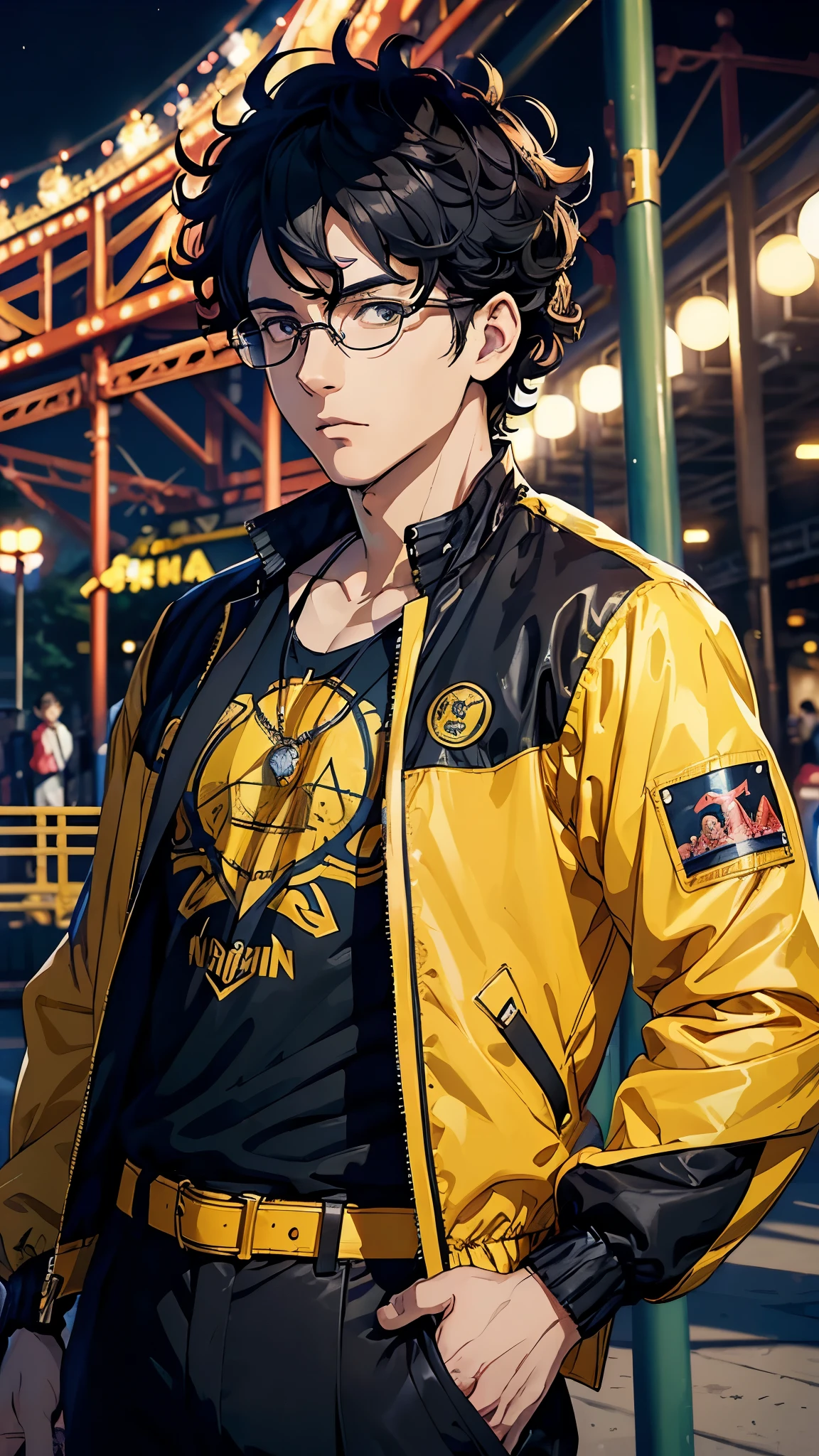 ((masterpiece, best quality)), ((anime man in the amusement park, vibrant coloring)) (1man, 20s years old), (solo, half body), (male focus, mature male), (black hair, curly hair),yellow eyes, detailed eye, ((black coach jacket, glasses)), portraits, dramatic lighting