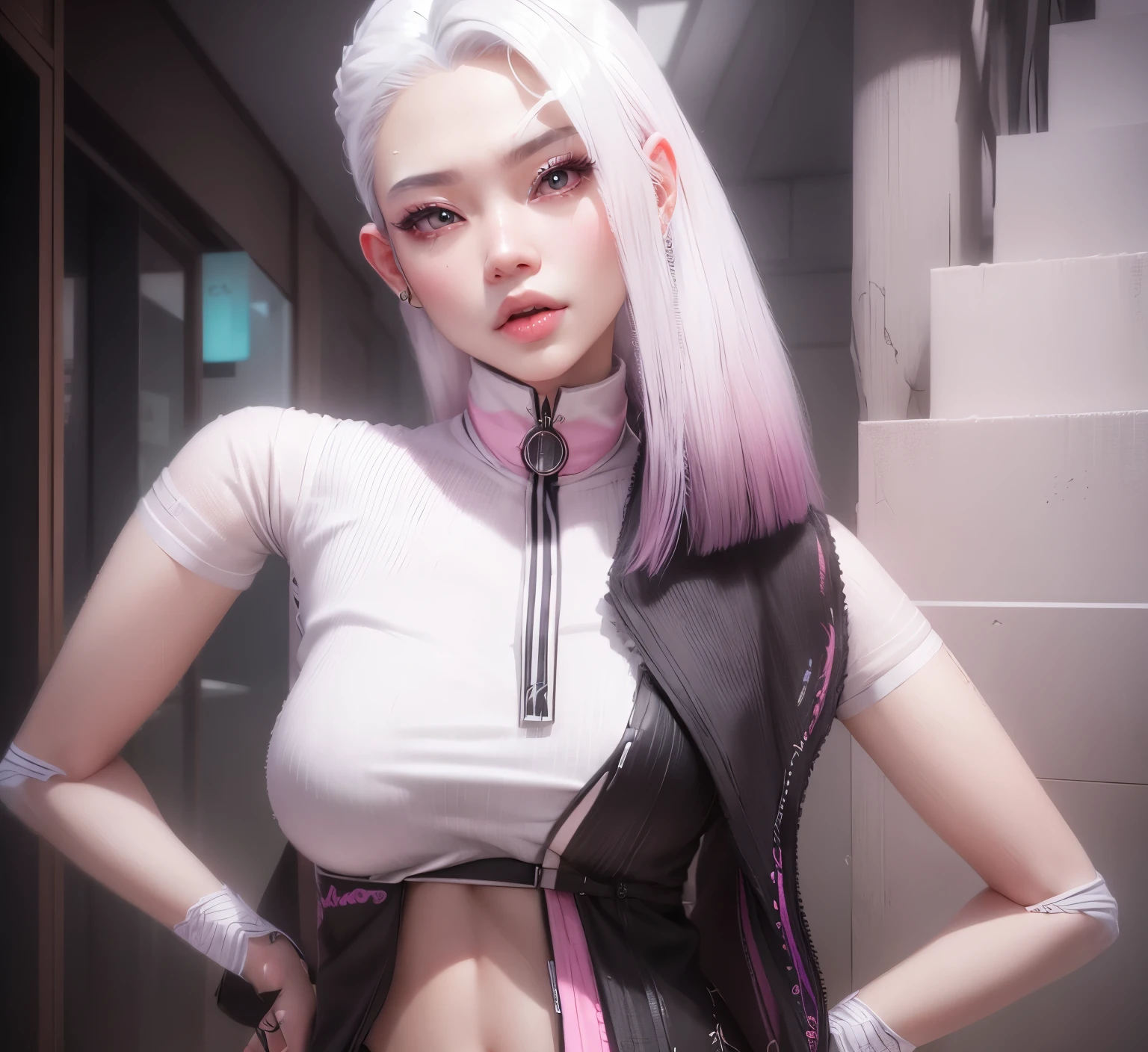 AVATAR SECOND LIFE Korean girl wearing a pink blouse, Asian, cabelo comprido branco White hair, White hair,, Perfect and detailed face, imvu, maximalist details, AVATAR SECOND LIFE Korean blusa , neon,,