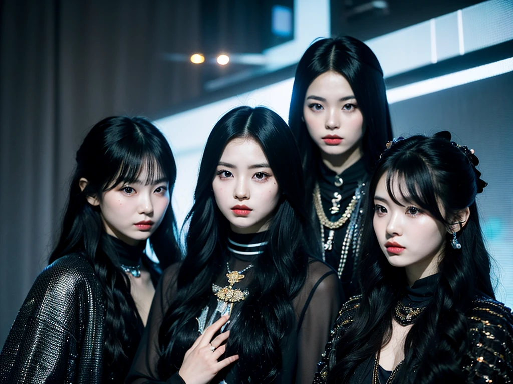 In the black room.Cool Two young Korean women and one Japan woman. They are K-pop singers. All-black costume.they looks like easpa.Fancy makeup.