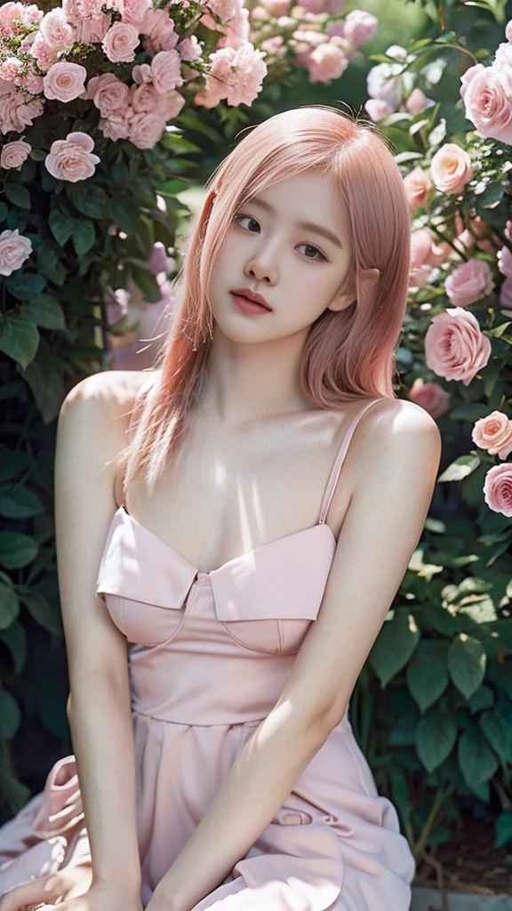 8k, RAW photo, Fujifilm, analog style photo of a beautiful young woman as avril with (huge breasts) in a light pink rose garden (highly detailed skin:1.2) Style-Petal BREAK, portrait, short hair, blonde hair with color streaks, blunt bangs, wearing a dress, film grain, 35mm, cute-style, cowboy shot, photorealistic image