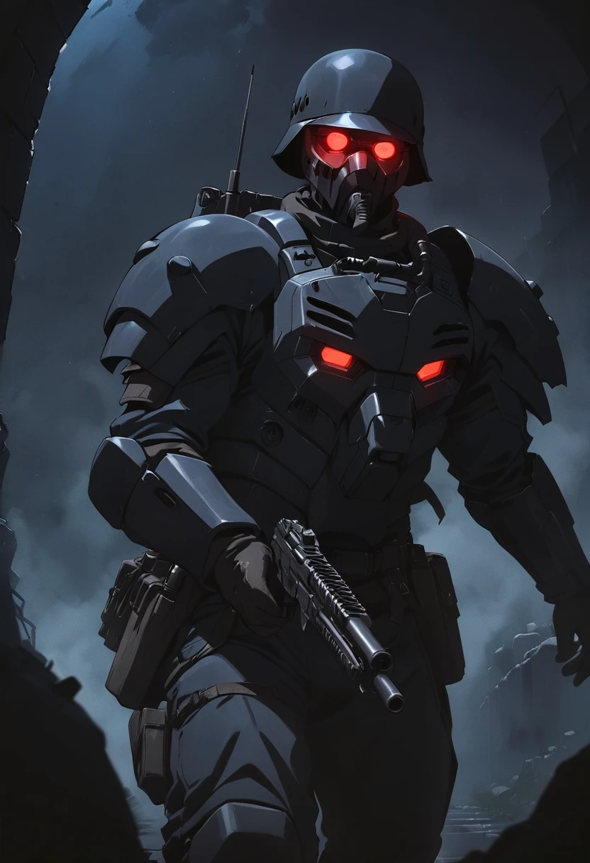 jin-roh!,1 boy,glowing,cowboy shot,strong,round eyes,backpack,no pupils,radio antenna,red eyes,dark,low-key,night,shadow,
sewer,walking,holding gun,heavy machine gun,from below,aiming at viewer,close-up,, cinematic light,masterpiece,best quality,very aesthetic,absurdres,incredibly absurdres,explit,NSFW,