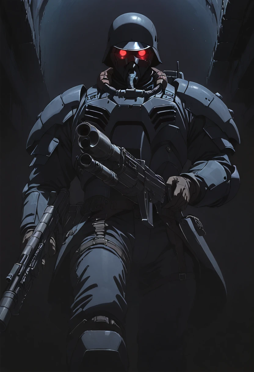 jin-roh!,1 boy,glowing,cowboy shot,strong,round eyes,backpack,no pupils,radio antenna,red eyes,dark,low-key,night,shadow,
sewer,walking,holding gun,heavy machine gun,from below,aiming at viewer,close-up,, cinematic light,masterpiece,best quality,very aesthetic,absurdres,incredibly absurdres,explit,NSFW,