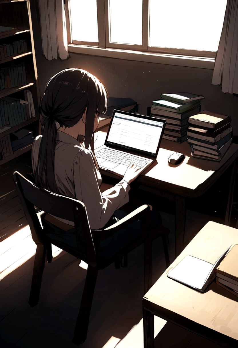 Create a enemy of studying girl with a chair , table and laptop with books