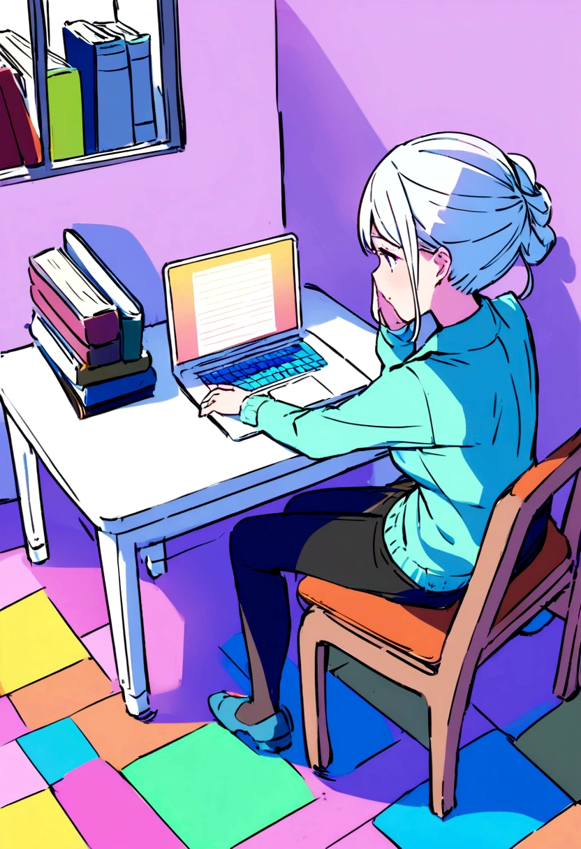 Create a enemy of studying girl with a chair , table and laptop with books
