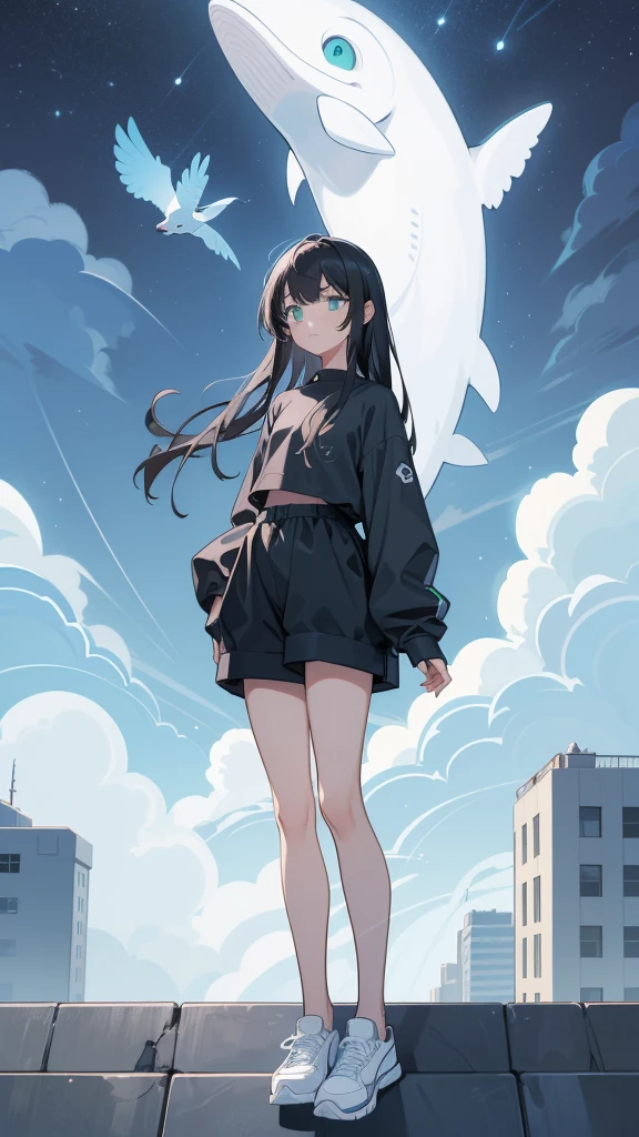 masterpiece, Exquisite detail,Highest quality, One girl, alone, handrail, cloud, Looking up at the buildings,Long Hair, NULL, Long sleeve, sneakers, Power lines, White footwear, Black Hair, View your viewers, Electric pole, bangs, cloudy NULL, fish, bird, Green Eyes, Shorts, Day, Black Shirt, barefoot,Whale flying in the sky,Giant whale,night,star,milky way,night,Pitch black,Buildings