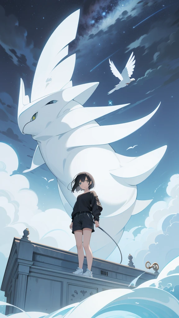 masterpiece, Exquisite detail,Highest quality, One girl, alone, handrail, cloud, Looking up at the buildings,Long Hair, NULL, Long sleeve, sneakers, Power lines, White footwear, Black Hair, View your viewers, Electric pole, bangs, cloudy NULL, fish, bird, Green Eyes, Shorts, Day, Black Shirt, barefoot,Whale flying in the sky,Giant whale,night,star,milky way,night,Pitch black,Buildings