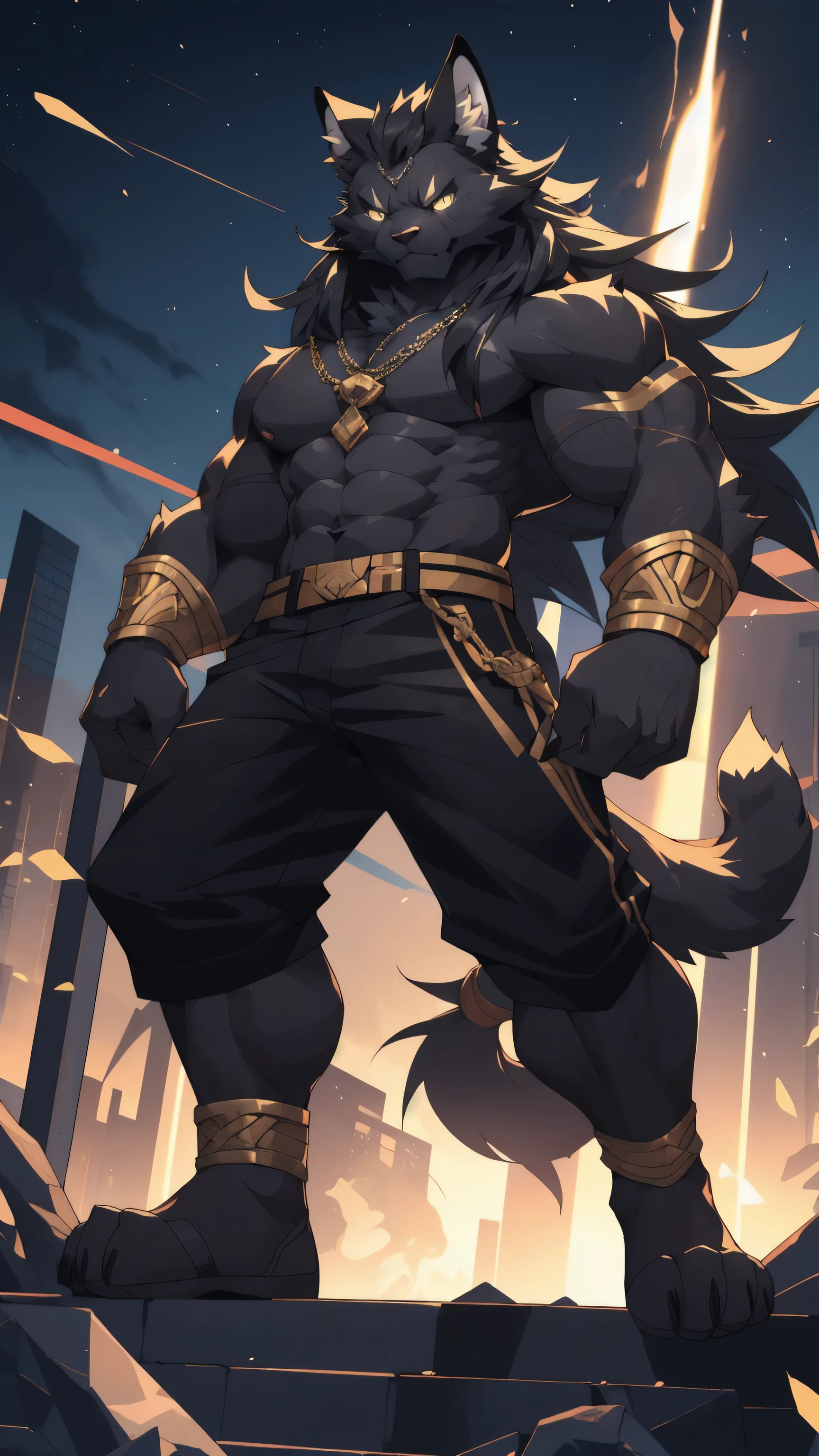 dark night background，high resolution，4K，masterpiece，high quality，fiercely，25 years old，((Black Cat))，male，((whole body:1.4，Strike a pose:1.5))，Cat furry，（Young Adults:1.5，hairy），((Fierce face:1.3，Wild:1.2，Long hair:1.3))，((Strong body:1.5，big ear:1.3，Thick long cat tail:1.3))，(((wearing black，Black shorts)))，(((Black cat fur:1.6，Wild muscles:1.3，Glowing golden eyes:1.4，Black hair:1.3，Black chest:1.3，Black belly:1.4，Black limbs:1.4，White cat nails)))，Delicate eyes:1.6，Fine details，Detailed body，（Detailed hand details:1.4）
