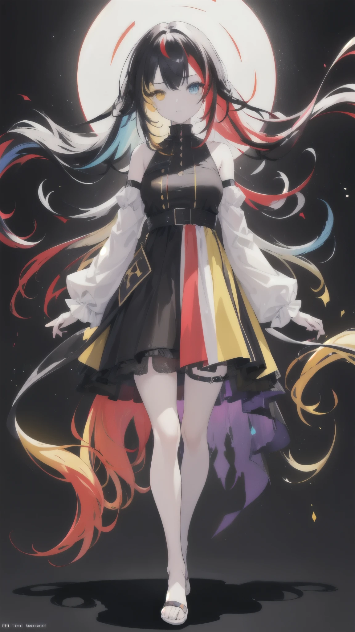 Girl with different color eyes one yellow and one red
{{masterpiece}}, best quality, extremely detailed CG unity 8k wallpaper, cinematic lighting, lens flare, beautiful detail eyes, black, side glance, multicolor hair consisting of red and black color, colorful light, particles, heterochromia, (colorful:1.5), (colorful hair:1.5), Full body front view wearing girly dress