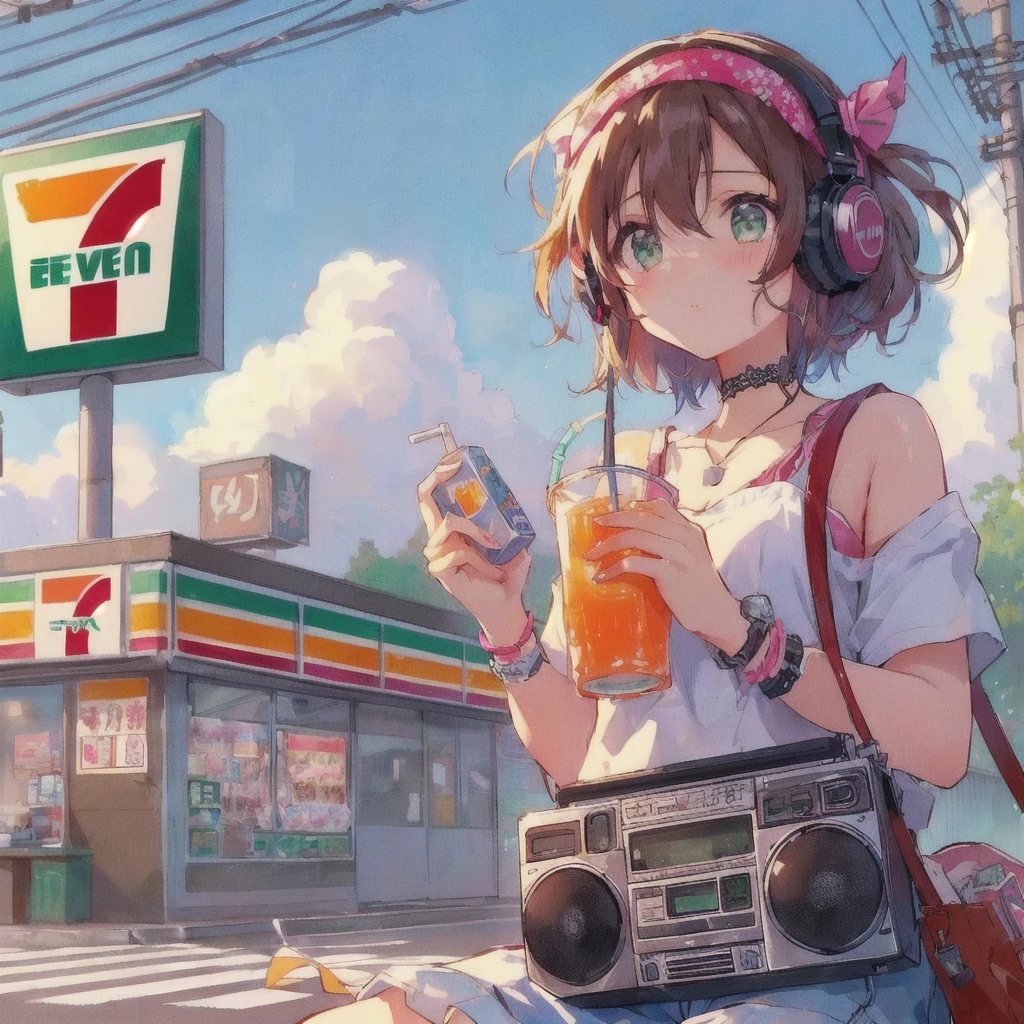 Anime girl drinking a drink outside a convenience store,A puzzled face,Wearing headphones,He has a boombox slung over his shoulder.,Bun-Eleven,7-11,Soda themed girl, Anime girl drinking juice, 80s anime style,Lofi, 4k anime wallpaper, Lo-fi Girl, artwork in the style of Gwaiz, 4K Manga Wallpapers, Cute girl anime visuals, anime wallpaper 4k, anime wallpaper 4k, Gwaiz
