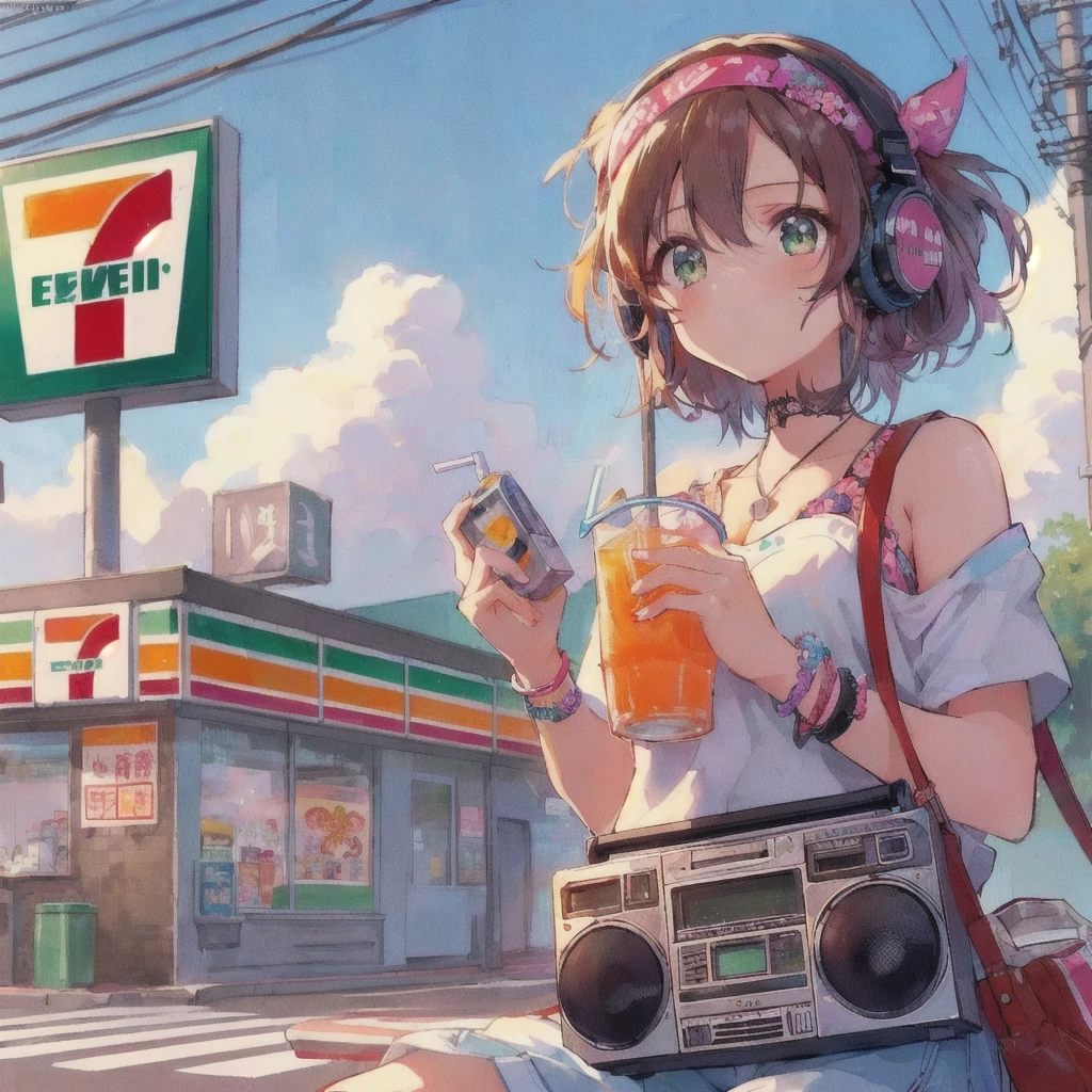 Anime girl drinking a drink outside a convenience store,A puzzled face,Wearing headphones,He has a boombox slung over his shoulder.,Bun-Eleven,7-11,Soda themed girl, Anime girl drinking juice, 80s anime style,Lofi, 4k anime wallpaper, Lo-fi Girl, artwork in the style of Gwaiz, 4K Manga Wallpapers, Cute girl anime visuals, anime wallpaper 4k, anime wallpaper 4k, Gwaiz