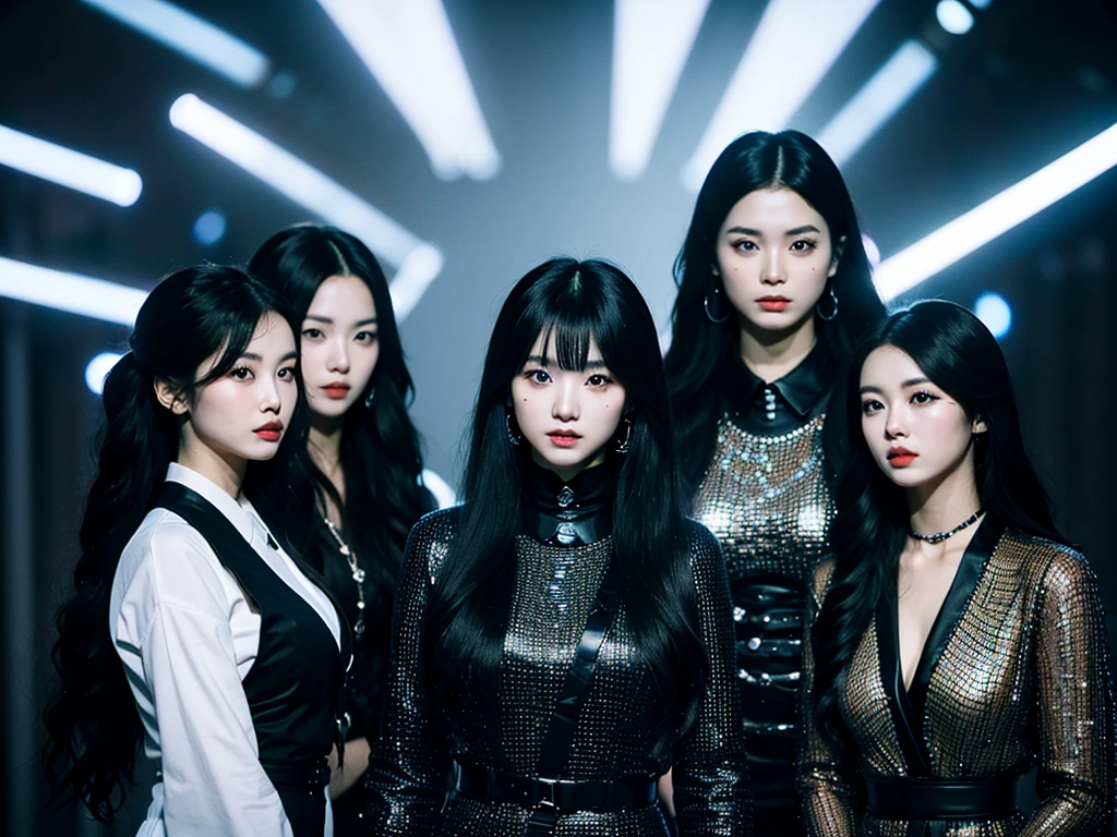 In the black room.Cool Two young Korean women and one Japan woman. They are K-pop singers. All-black costume.they looks like easpa.Fancy makeup.