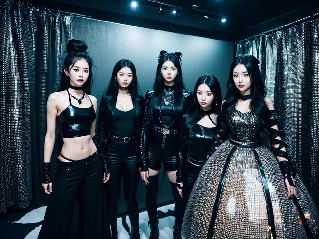 In the black room.Cool Two young Korean women and one Japan woman. They are K-pop singers. All-black costume.they looks like easpa.Fancy makeup.