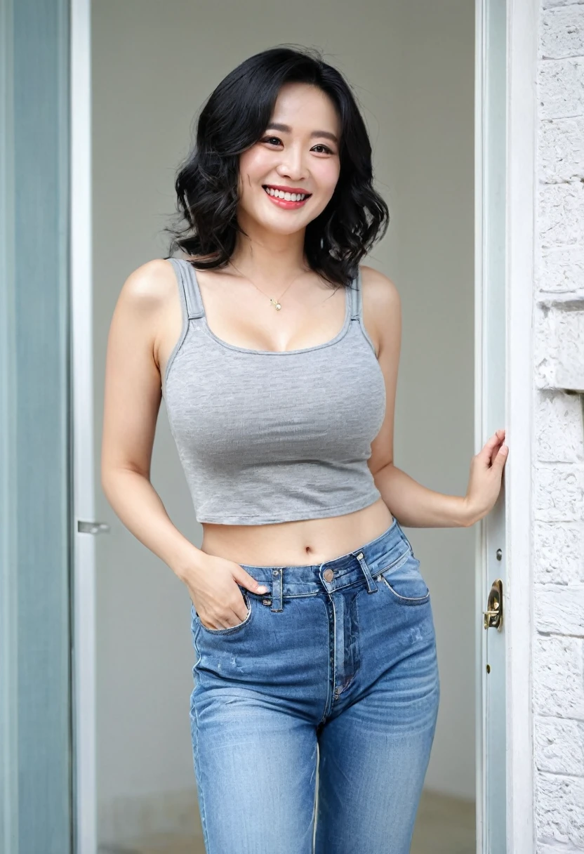 Highest quality、One woman、Black Hair、Wavy hairstyle、shoulder-length hair、Female, 34 years old、Married Woman、milf、Huge breasts:1.5、sagging breast:1.5、Grey tank top、Mini Denim Pants、Sweating、Sweat stains on tank tops、smile、While opening the front door、Holding the doorknob、Meet at the door、Apartment、A room in an apartment、Plump body、I'm in the entrance、View of the room from the entrance