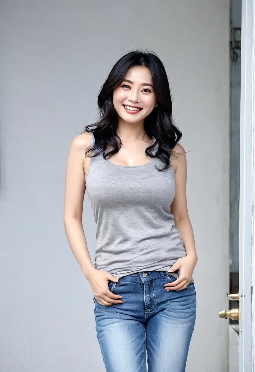 Highest quality、One woman、Black Hair、Wavy hairstyle、shoulder-length hair、Female, 34 years old、Married Woman、milf、Huge breasts:1.5、sagging breast:1.5、Grey tank top、Mini Denim Pants、Sweating、Sweat stains on tank tops、smile、While opening the front door、Holding the doorknob、Meet at the door、Apartment、A room in an apartment、Plump body、I'm in the entrance、View of the room from the entrance