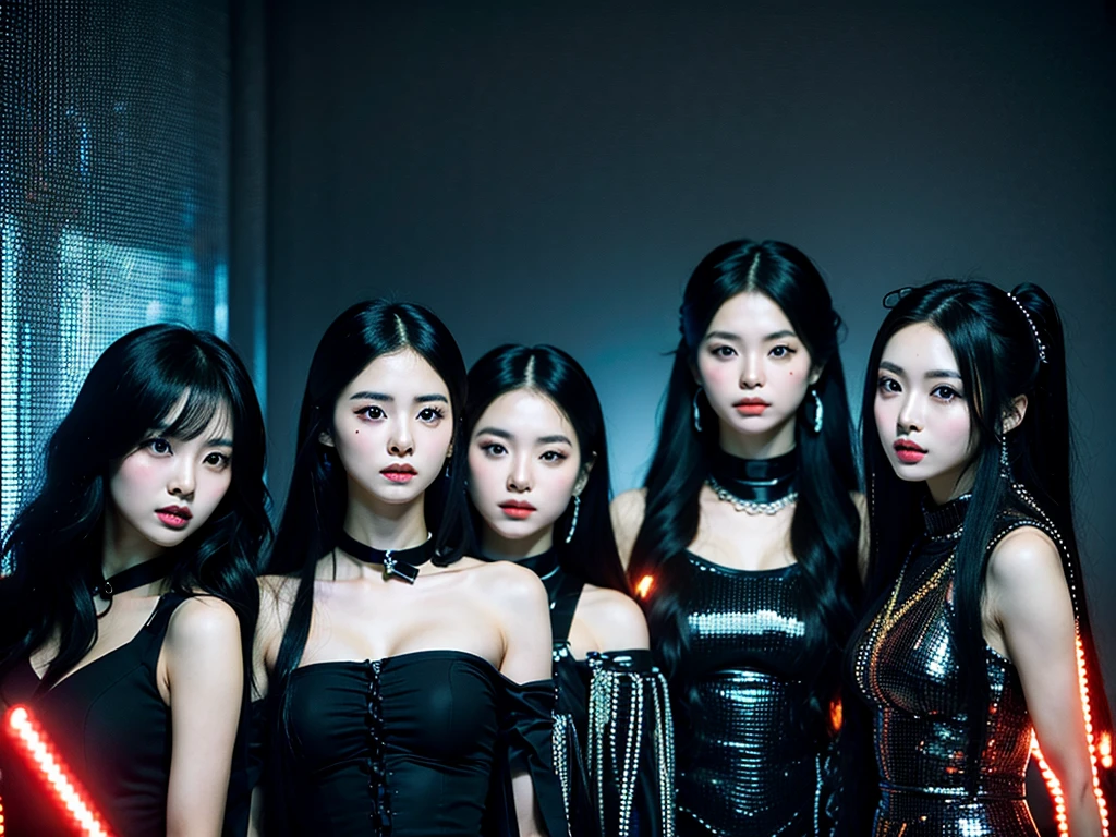 In the black room.Cool Two young Korean women and one Japan woman. They are K-pop singers. All-black costume.they looks like easpa.Fancy makeup.