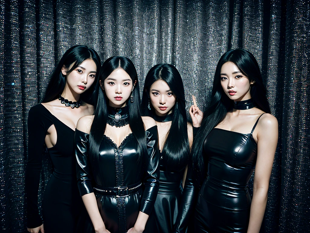 In the black room.Cool Two young Korean women and one Japan woman. They are K-pop singers. All-black costume.they looks like easpa.Fancy makeup.