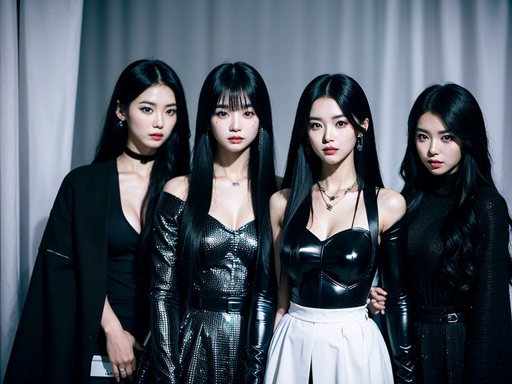 In the black room.Cool Two young Korean women and one Japan woman. They are K-pop singers. All-black costume.they looks like easpa.Fancy makeup.