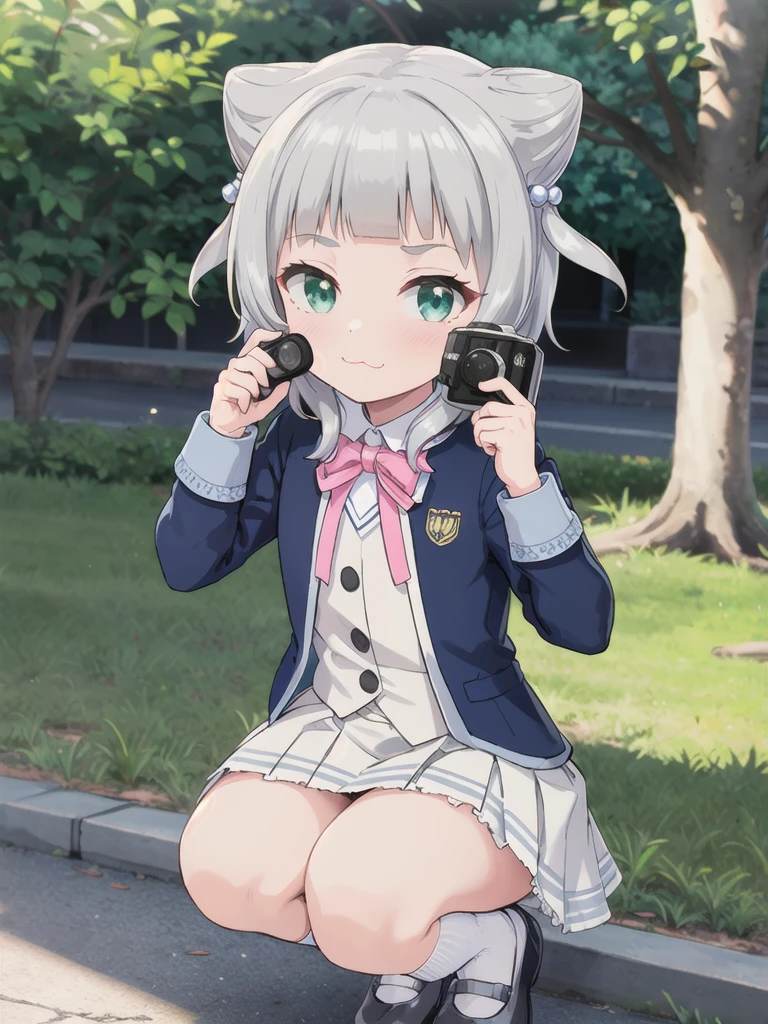 Outdoor,((School building)),1girl,Green Eyes, Grey Hair, hair ornaments, bangs, Virtual YouTuber, blunt bangs, Double Bang, Animal ears, Flat Chest,uniform,Navy Blue Blazer,White shirt,Pink ribbon,Grey Skirt,Pink Panties,White long socks,(Black low heels),I have a pink camera,Bring the camera closer to your face,squat,Hold the camera, :3,1boy,penis,vaginale,sex,cum in pussy,