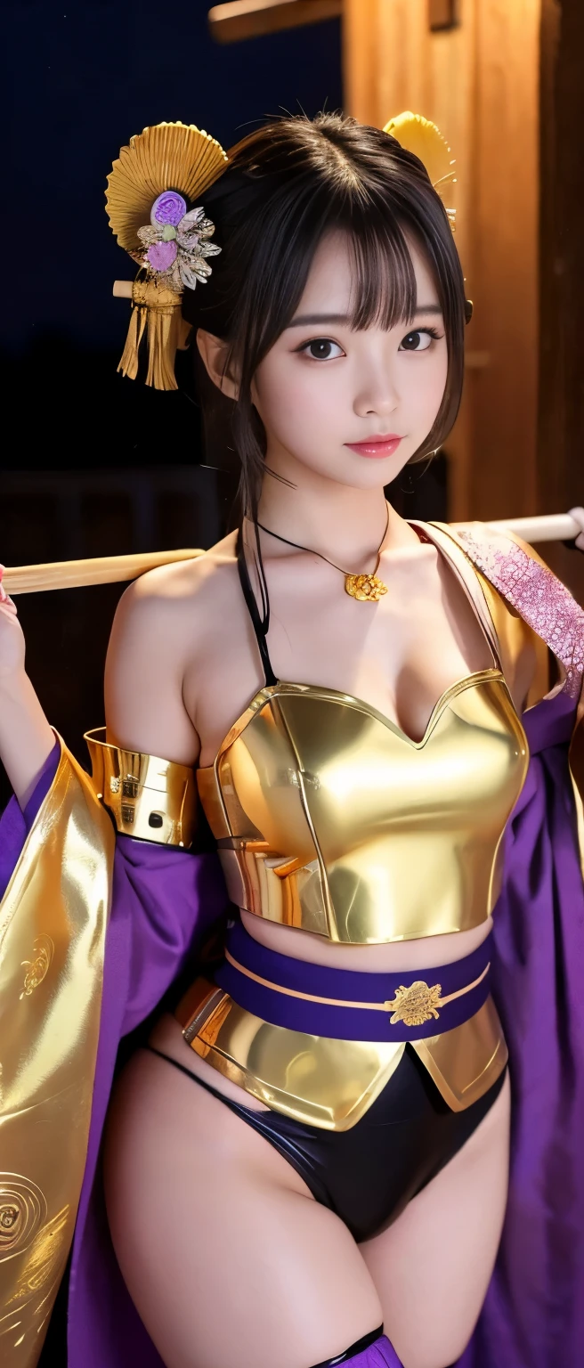 Cute and mysterious idol samurai girl、whole body、Good style、、、、、、、、、、Thick legs、、Gold and shiny purple armor mini kimono（Spiral Print）、Neat and clean idol face、、、Night of Fire、Has a Thunderstorm Spear