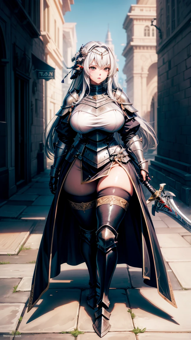  1 girl, alone, 8K, Highest quality, artwork, Ultra-high resolution, Realist, Cinematic, Full body viewer,  talk, knight, Twin Swords, pantyhose,  hair ornaments, big , Thick thighs, The ultimate beautiful lady knight, Sexy lady knight, name