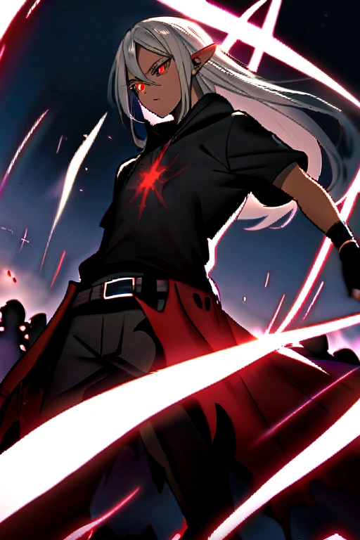 Male,5'4,pierced pointy ears,light skin,red eyes, white ombre long hair half up half down,black albow length fingerless gloves,ripped red short sleeve cropped hoodie,black tight shirt,ripped black jeans,dark magic,on a battlefield with darkness in his eyes as he approches his enemies