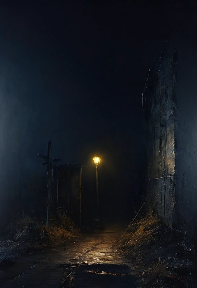 painting of a night, a crossroads, shadows with glowing eyes hiding, cinematic scene, volumetric lights, ultra realistic, in the style of nicola samori