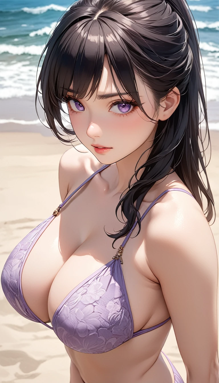 masterpiece, High resolution, perfect face, beauty of japan, 30 years old, beautiful face, beach, light purple bikini, embarrassed look, look at the camera, top quality eyes, detailed texture, standing and look at me, big tits, Married woman, cool women, high resolution eyes, black hair
