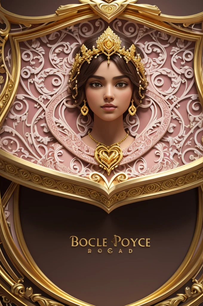 A visually striking 3D render of the name "Boyce" artfully crafted with swirling patterns, intertwined hearts, and a magnificent golden crown adorned with hidden hearts. Displayed in opulent gold, pink, and white, the lettering emanates an aura of mystery and allure. The composition, elegantly positioned to the right, features a vanity of shapes that offer depth and dimension. The muted background accentuates the rich colors and intricate details of the central element. This masterful creation seamlessly combines photography, 3D rendering, and illustration techniques, resulting in a truly captivating and lavish design illustration 3D render photo.