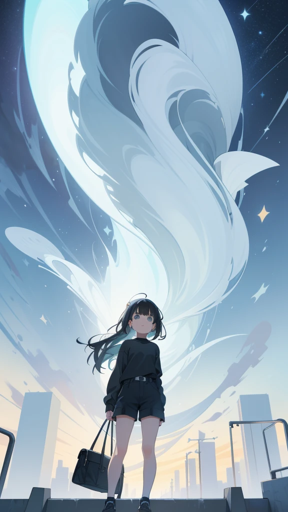 masterpiece, Exquisite detail,Highest quality, One girl, alone, handrail, cloud, Looking up at the buildings,Long Hair, NULL, Long sleeve, sneakers, Power lines, White footwear, Black Hair, View your viewers, Electric pole, bangs, cloudy NULL, fish, bird, Green Eyes, Shorts, Day, Black Shirt, barefoot,Whale flying in the sky,Giant whale,night,star,milky way,night,Pitch black,Buildings