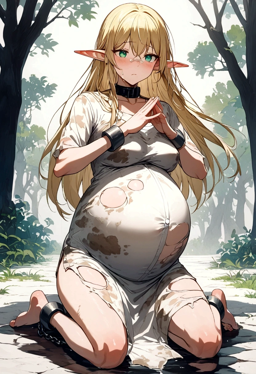 Anime. Young woman. Elf. Slave. Pregnant. Barren pregnancy. Slave collar. Shackles. Dirty tunic. Torn tunic. Blonde. Long hair. Green eyes. Beautiful eyes. Pointy ears. Cold. Runny nose. Sneeze. Sneezes. Snot flows from the nose. Covers his nose with his hands. Snot runs from the nose to the palms after sneezing. Contractions. Waste water Loss of amniotic fluid after sneezing. Vons flow down your thighs. There is a small puddle on the ground under the new one. Full body.