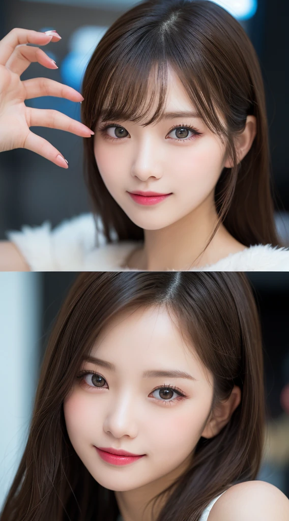 Tabletop, Highest quality, shape, Very detailed, finely, High resolution, 8k wallpaper, 完璧なダイナミックな構shape, Beautiful and exquisite,ランダムなcute髪,,Natural color lip, Bold sexy pose,smile、20-year-old girl、cute、Looking into the camera,Always blur the background,Perfect and beautiful face,Slim face and figure,Big eyes、Putting on gal makeup,Small face,Shooting from below、smile,Blurred Background,Elegant feminine face、Cyberpunk Fashion、smile、Change pose randomly、Randomly change the shooting angle and position、Flower Field、Cyberpunk Fashion,
