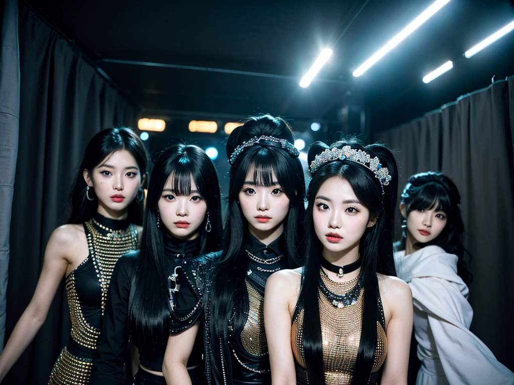 In the black room.Cool Two young Korean women and one Japan woman. They are K-pop singers. All-black costume.they looks like easpa.Fancy makeup.